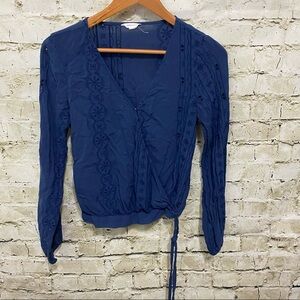 Aeropostale Blue Floral Embroidered V Neck Wrap Top